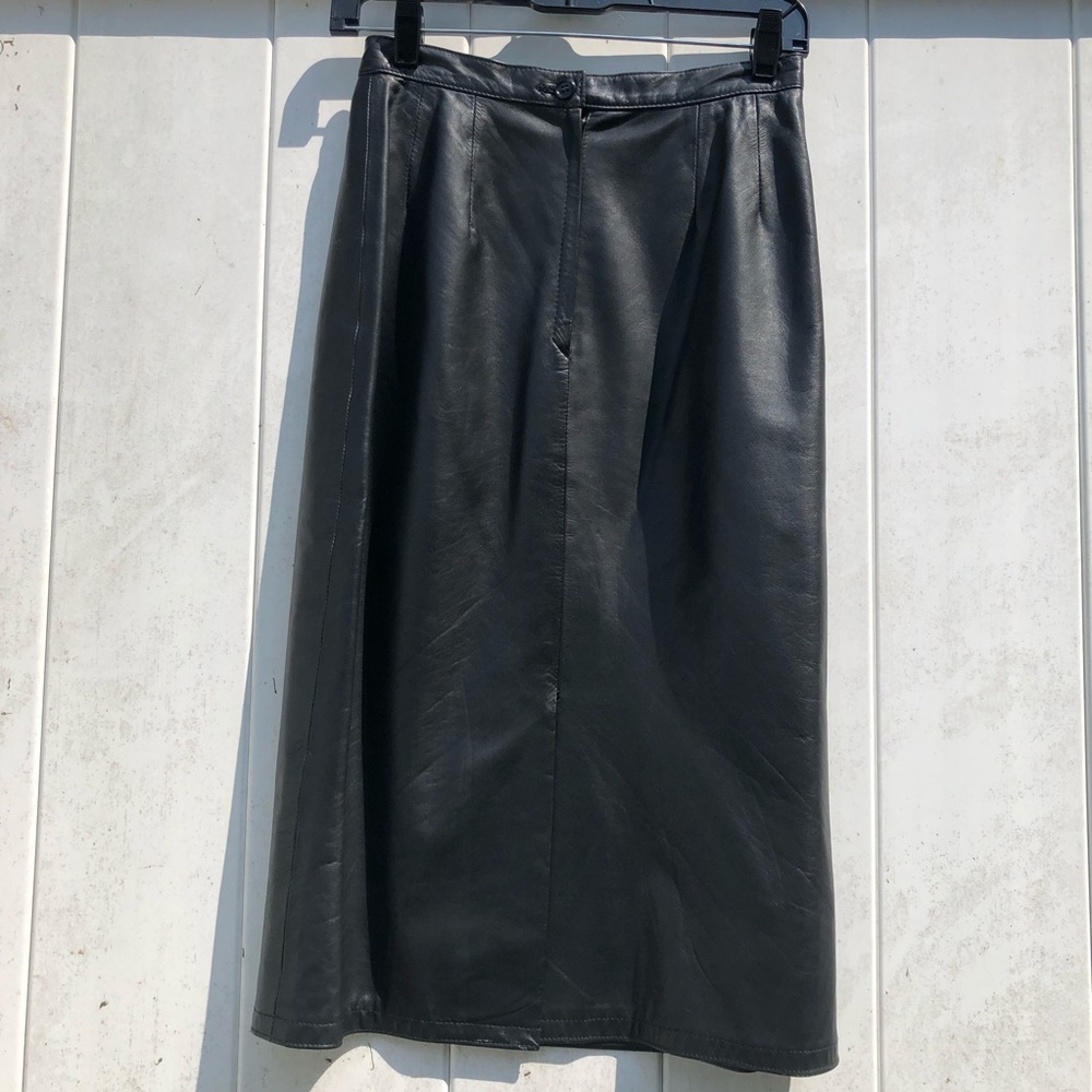 Vintage Black Leather A-Line Midi Skirt